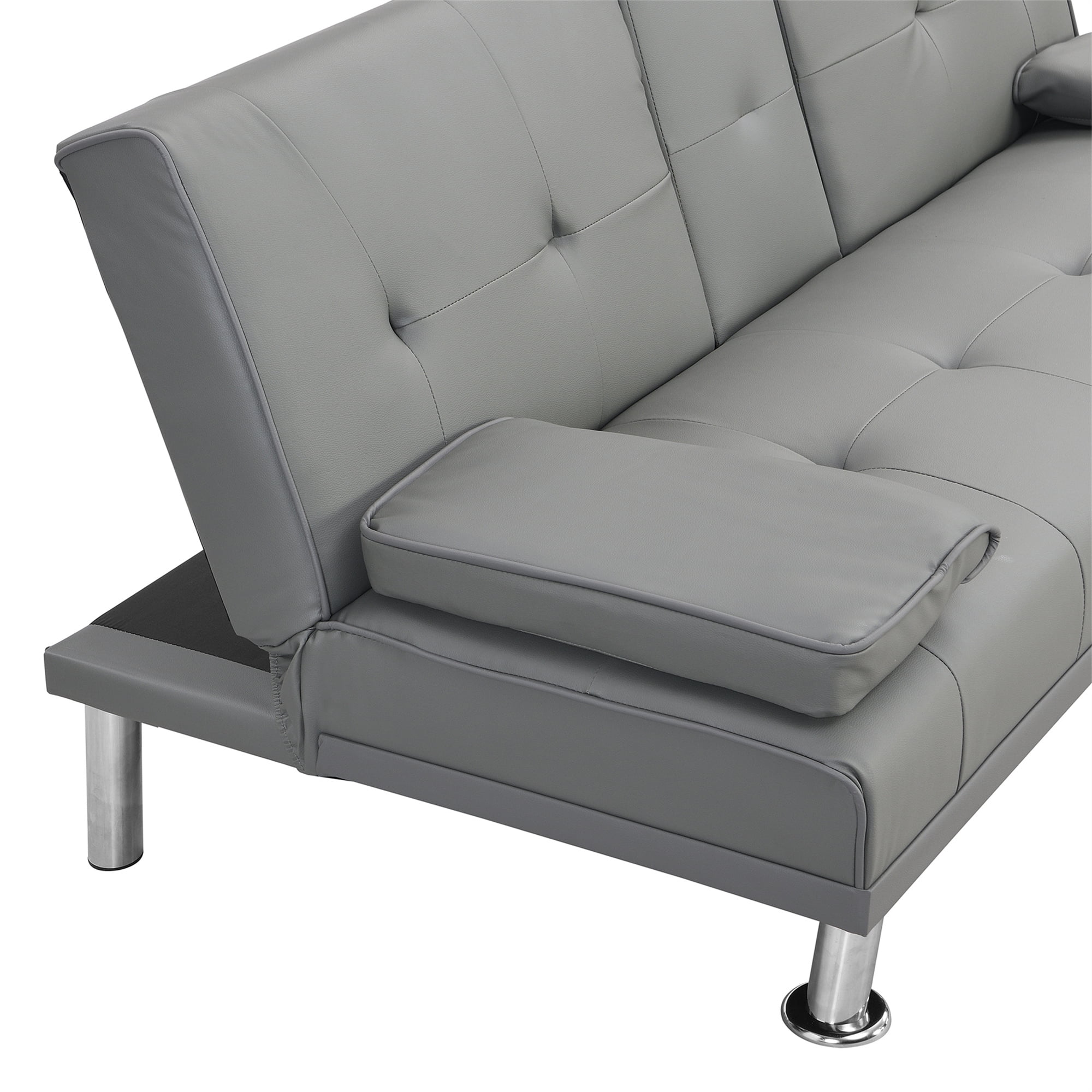 Aukfa Leather Futon Convertible Sofa Bed with 2 Cupholder&Pillow for Home Office Twin Size, Gray