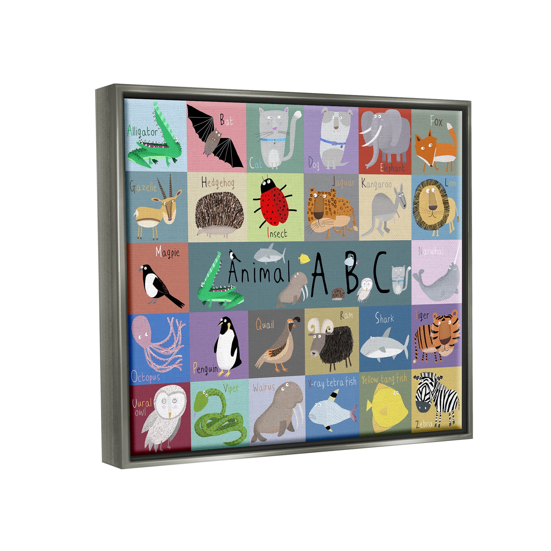 Stupell Industries Various Animal Alphabet Learning Graphic Art Luster Gray Floating Framed Canvas Print Wall Art, Design by Carla Daly