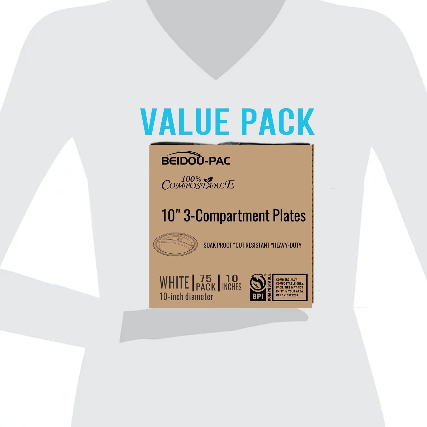 BEIDOU-PAC 3 Compartment Compostable Heavy Duty Disposable Paper Plates, 10", 75 Count, White