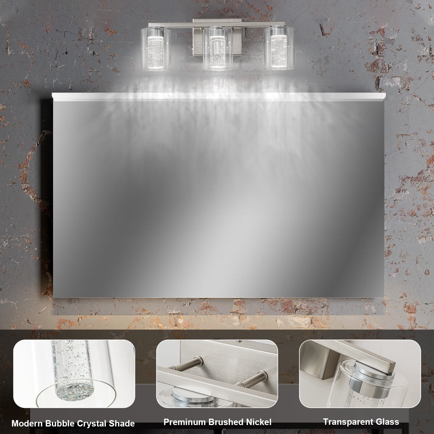 SineRise 3-Light LED Vanity Mirror Light, 17.3in Modern Bathroom Wall Lamp, 3-Color Modes, Dimmable Brushed Nickel Finish