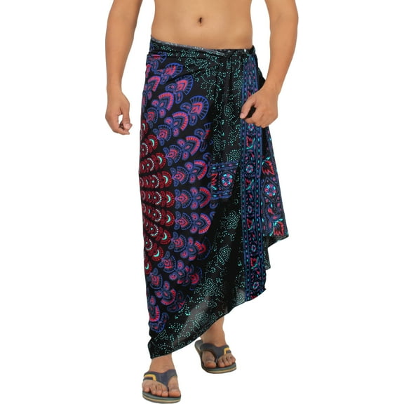 HAPPY BAY Men's Standard Casual Sarong Long Pareo Beach Wrap One Size Black, Mandala Summer Vacation Party