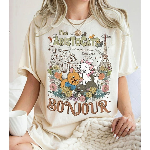 Vintage Aristocats Bonjour T-Shirt, Disney Floral Aristocats Shirt, Marie Berlioz Toulouse Tee, Disneyland Family Trip Gift