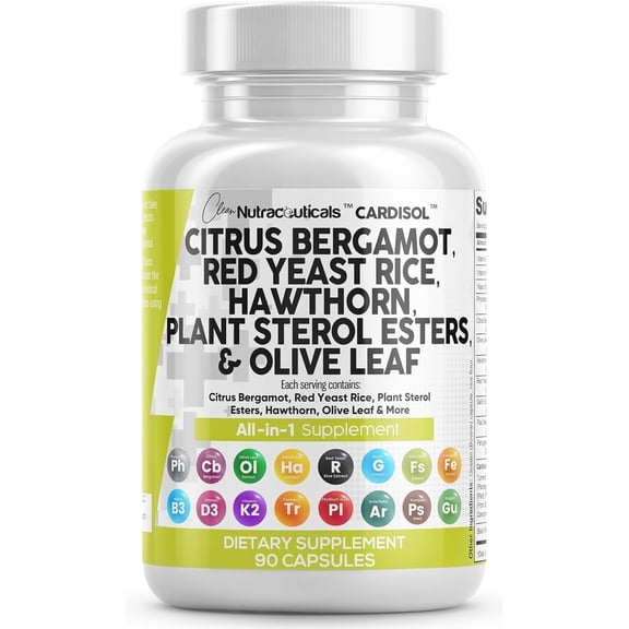 Clean Nutraceuticals Citrus Bergamot Red Yeast Rice Capsules with Plant Sterols - with Hawthorn Extract Olive Leaf Niacin Vitamin K3 D3 COQ10 Guggul & More
