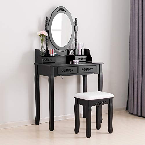 Mecor Vanity Table Makeup Dressing With Oval Mirror Bedroom Set W Cushioned Stool 4 Drawers Women Girls Kids Black Com Mecor Vanity Table Makeup Dressing, Mecor Vanity Makeup Table Set