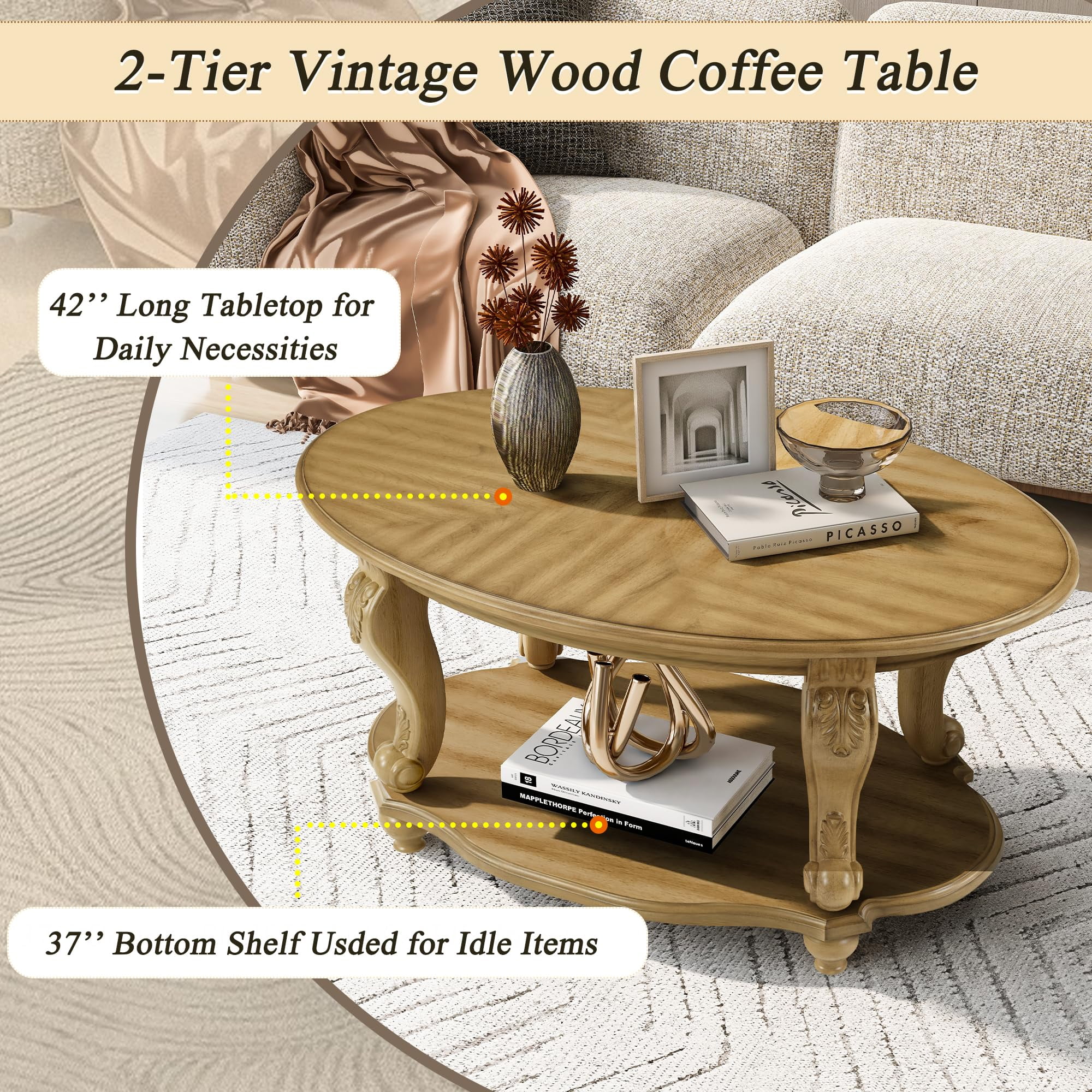 LKTART 3-Piece Coffee Table Set, Coffee Table and Round End Tables Set of 2, Victorian Living Room Coffee Table Sets, Antique