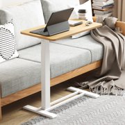 FitStand Adjustable Overbed Bedside Table with Wheels, Pneumatic Mobile Standing Desk, Mobile Rolling Laptop Desk for Hospital Home, Maple