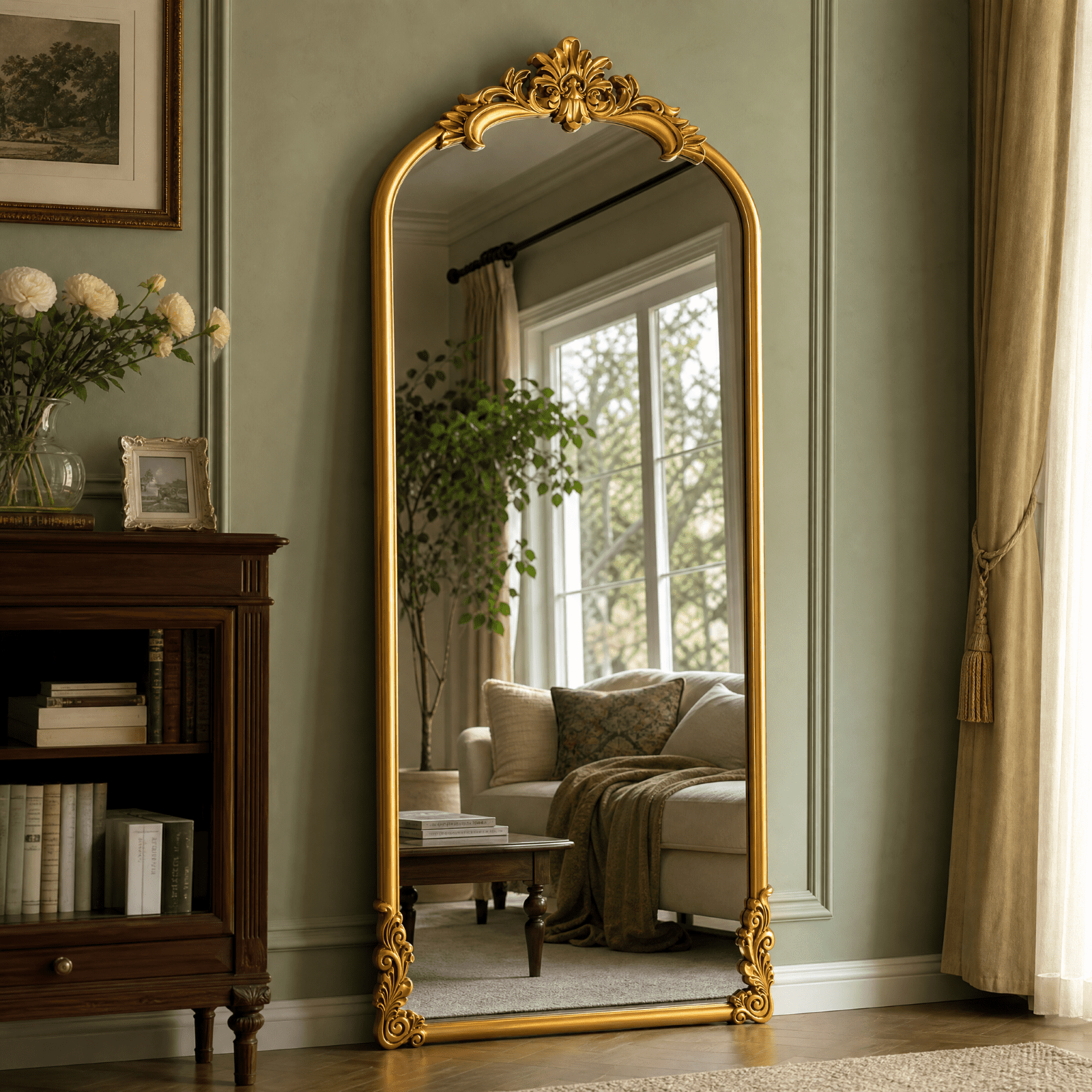 VORENTA 69"x28" Vintage Floor Mirror Arched Full Length Mirror Baroque Carved Wall Mounted Decor Traditional Ornate Mirror with Stand, Gold