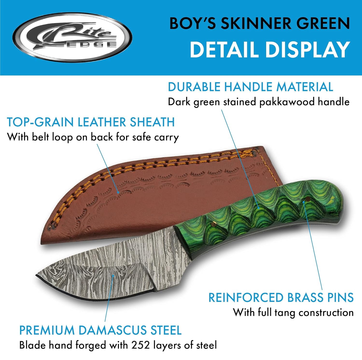 SANZ 6" Damascus Steel Outdoor Utility Knife with Green Pakkawood Handle and Leather Sheath