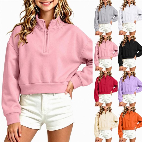 Nwiuh Girls Cropped Half Zipper Sweatshirt Mock Neck Pullover Sweater Solid Fall Winter Tops for Kids Tween Girls (Black,14-15 Years)