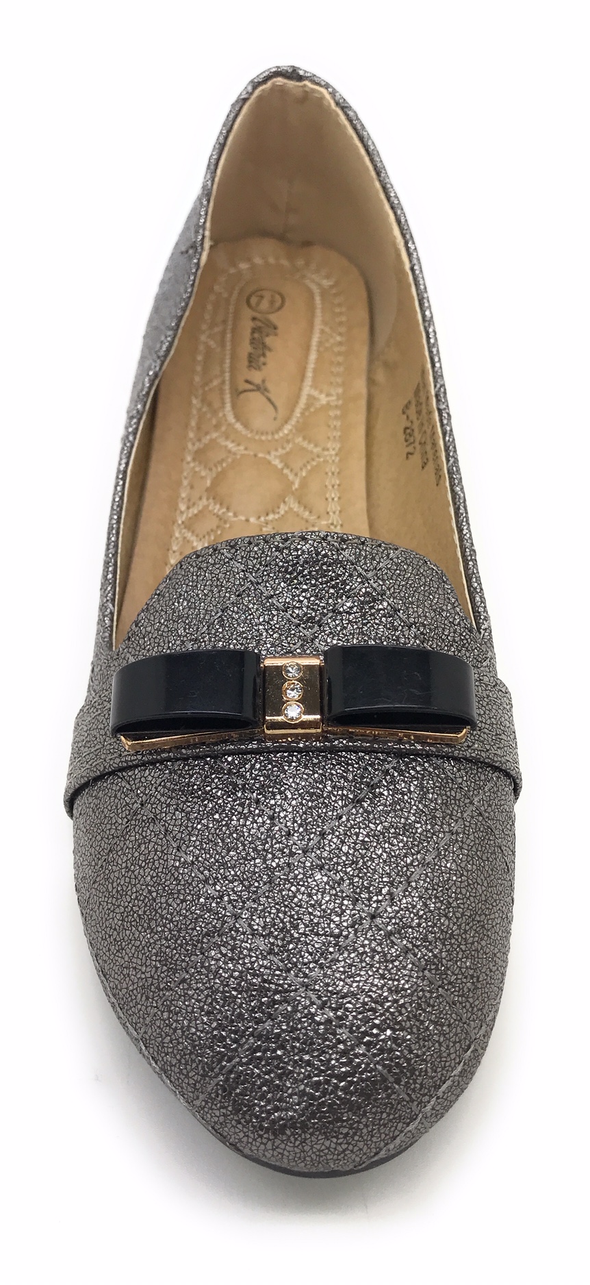 Victoria K Techno Shine Quilted Texture Black Bow Ballerina Flats (Women)