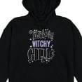 thumbnail image 2 of Coraline Twitchy Witchy Girl Text with Iridescent Black Sequins and Chenille Embroidery on Black Cat hoodie Adult-Large, 2 of 5