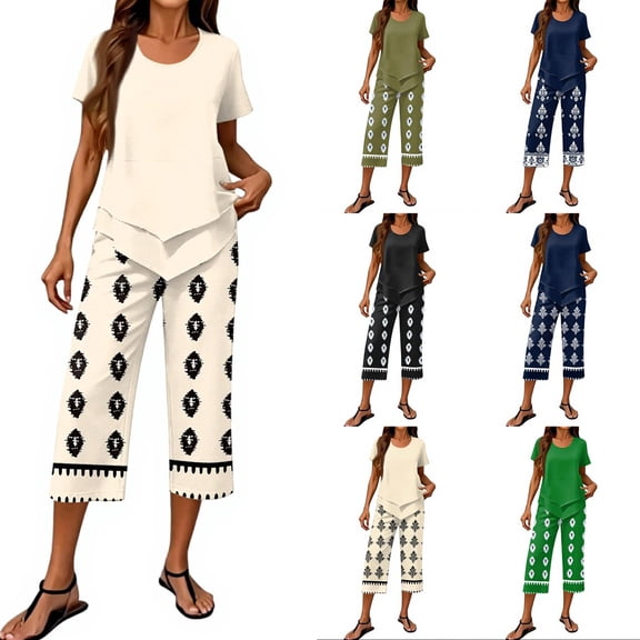 Women's 2 Piece Casual Outfit Set Casual Summer Wide Leg Crop Pants and Top Matching Suits