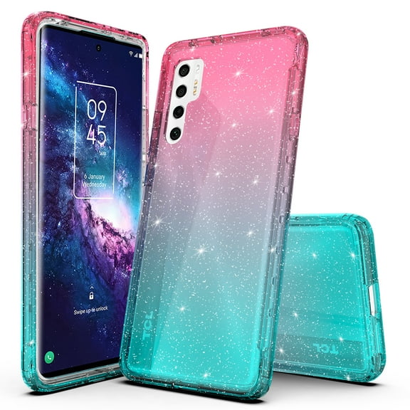 TCL 20 Pro 5G Case, Rosebono Hybrid Glitter Sparkle Transparent Colorful Gradient TPU Skin Cover Case For TCL 20 Pro 5G (Blue/Pink)