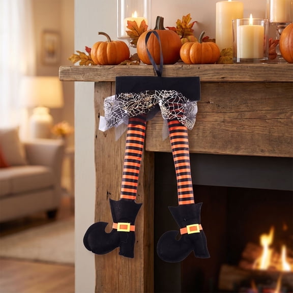 Yhmxh Halloween Witch Legs Hanging Ornaments, 7.8 Inch Striped Witch Leg Decor with Spider Web, Spooky Witch Feet Pendant for Halloween Tree, Door, Wreath & Party Home Decor