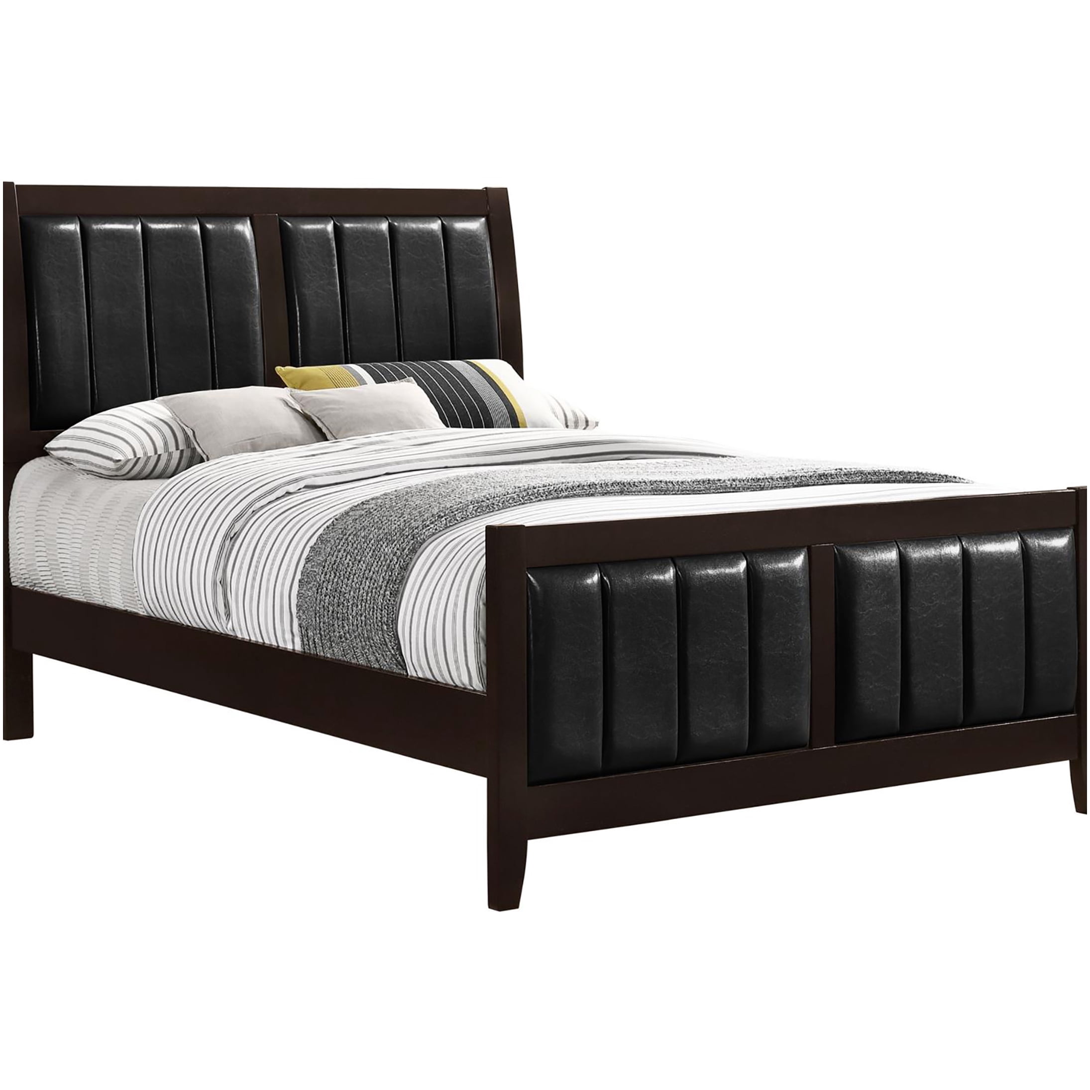 Modern Queen Upholstered Panel Bed Frame with Headboard, Cappuccino Brown Faux Leather and Wood Bed for Bedroom