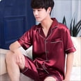 thumbnail image 1 of Pijama tipo cárdigan con solapa de seda de hielo de verano para hombre, pantalones cortos sencillos de manga corta, traje de color sólido, ropa para el hogar, 1 of 6