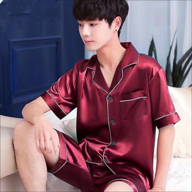 Pijama tipo cárdigan con solapa de seda de hielo de verano para hombre, pantalones cortos sencillos de manga corta, traje de color sólido, ropa para el hogar