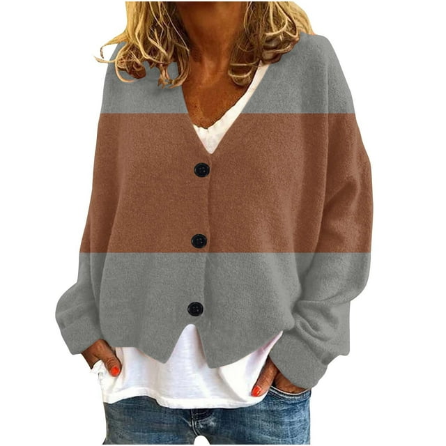 Jgppe Drop Shoulder Cardigan for Women Cute Color Block Long Sleeve Button Front Sweater Tops