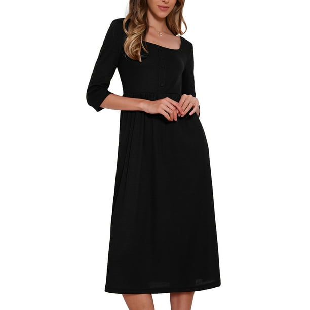 Vestido de punto waffle Inspire Chic para mujeres, con mangas 3/4, escote cuadrado, midi, color negro