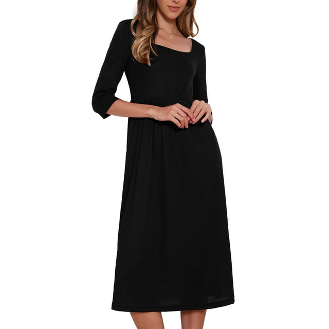 Vestido de punto waffle Inspire Chic para mujeres, con mangas 3/4, escote cuadrado, midi, talla XL, negro