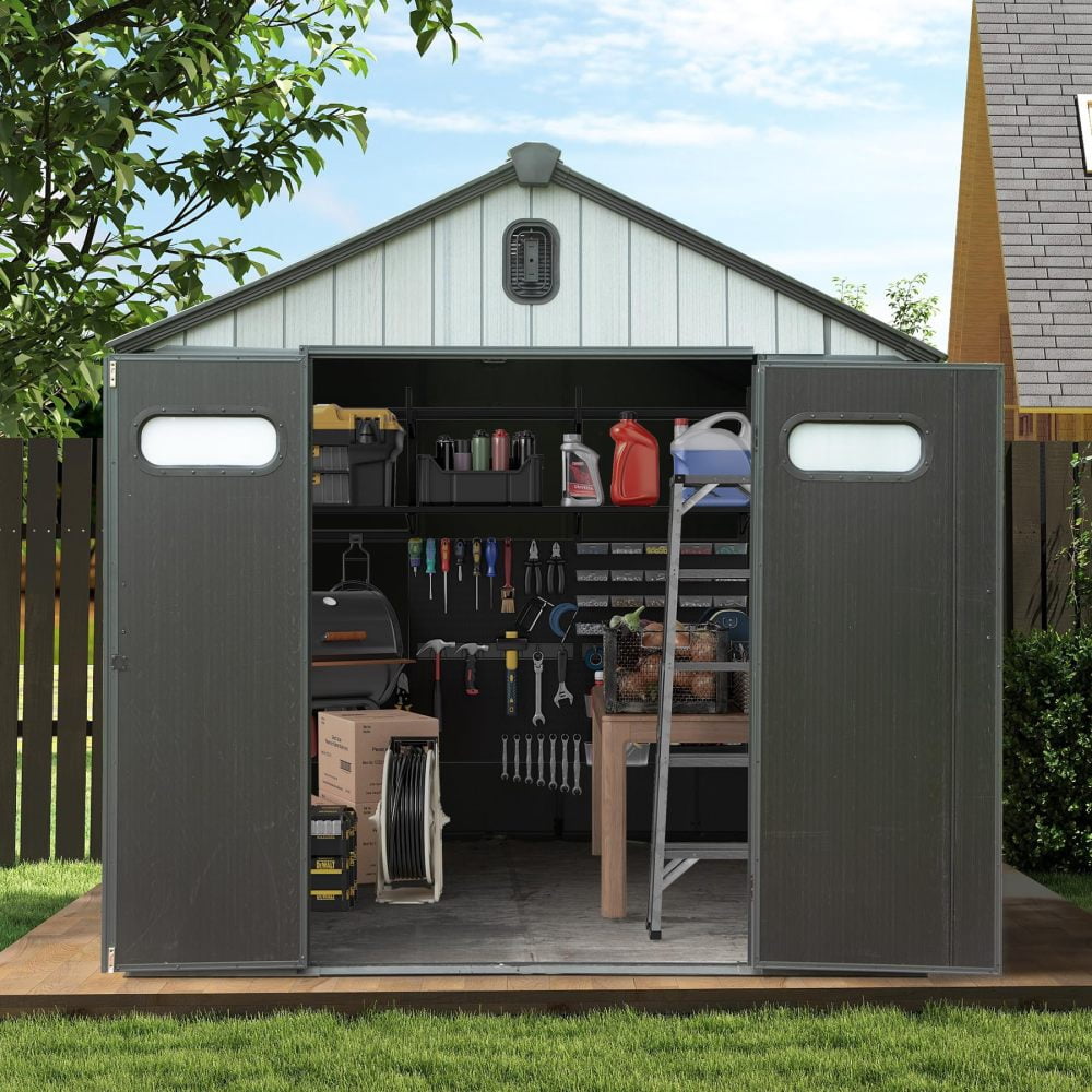 8x8FT Resin Outdoor Storage Shed – Lockable Door, Waterproof, Windows & Vents – Ideal for Patio Furniture, Lawn Mower, Bike Storage