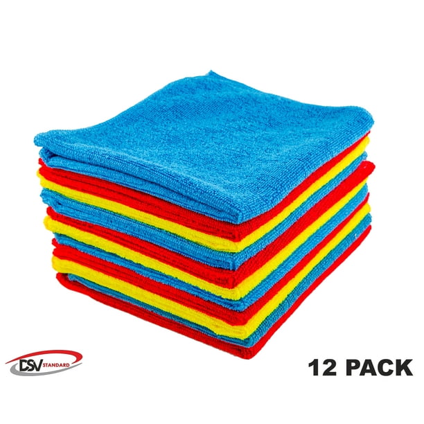 Microfiber Cleaning Cloth,Pack of 12 Red & Yellow & Blue,Size13.8" x