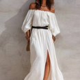 thumbnail image 3 of Morttic Women's Boho Solid Color Off Shoulder Maxi Dress with Side Slit – Puff Sleeve Casual Long Dress, No Belt Included White，S, 3 of 5
