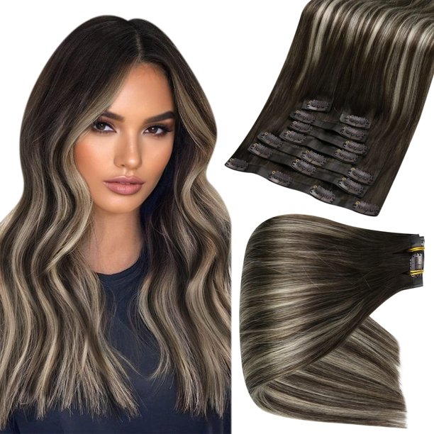Extensiones De Cabello Humano Con Clip De Brillo Completo, Extensiones De Cabello Con Clip De 14 Pulgadas, Para Mujeres Negras, Balayage, Marrón Oscuro, Desvanecimiento A 2 Reflejos, Extensiones De Pl