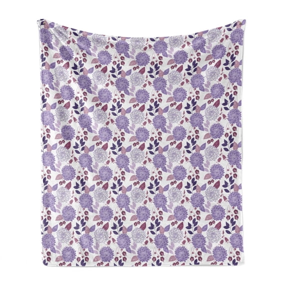 Purple Soft Flannel Fleece Blanket, Graphical Abstract Design Numerous Ornamental Botanical Spring Summer Flowers, Cozy Plush for Indoor and Outdoor Use, 60" x 80", White Multicolor, by Ambesonne