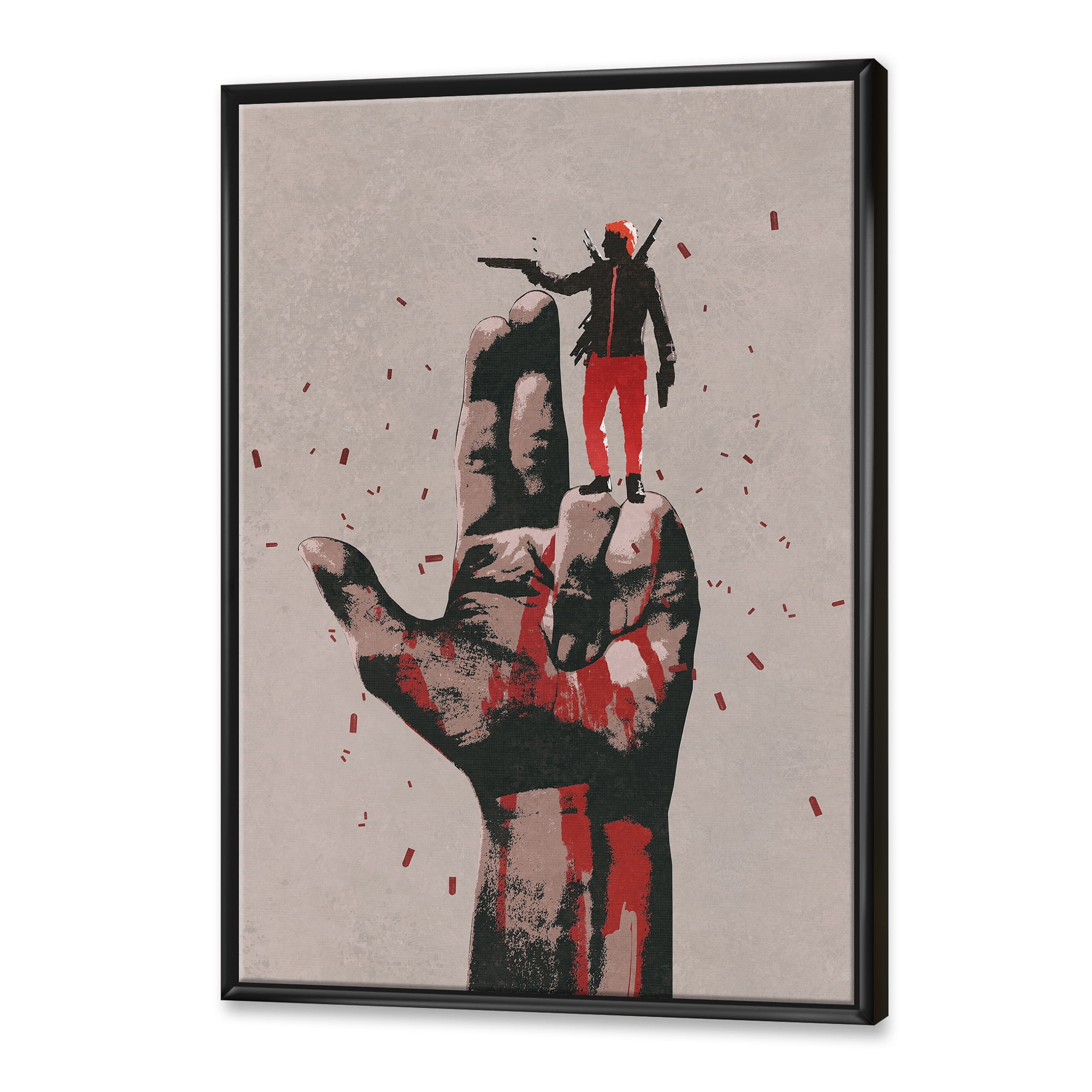 Designart 'Gun Hand Sign With Man Shooting Gun' Modern Framed Canvas Wall Art Print