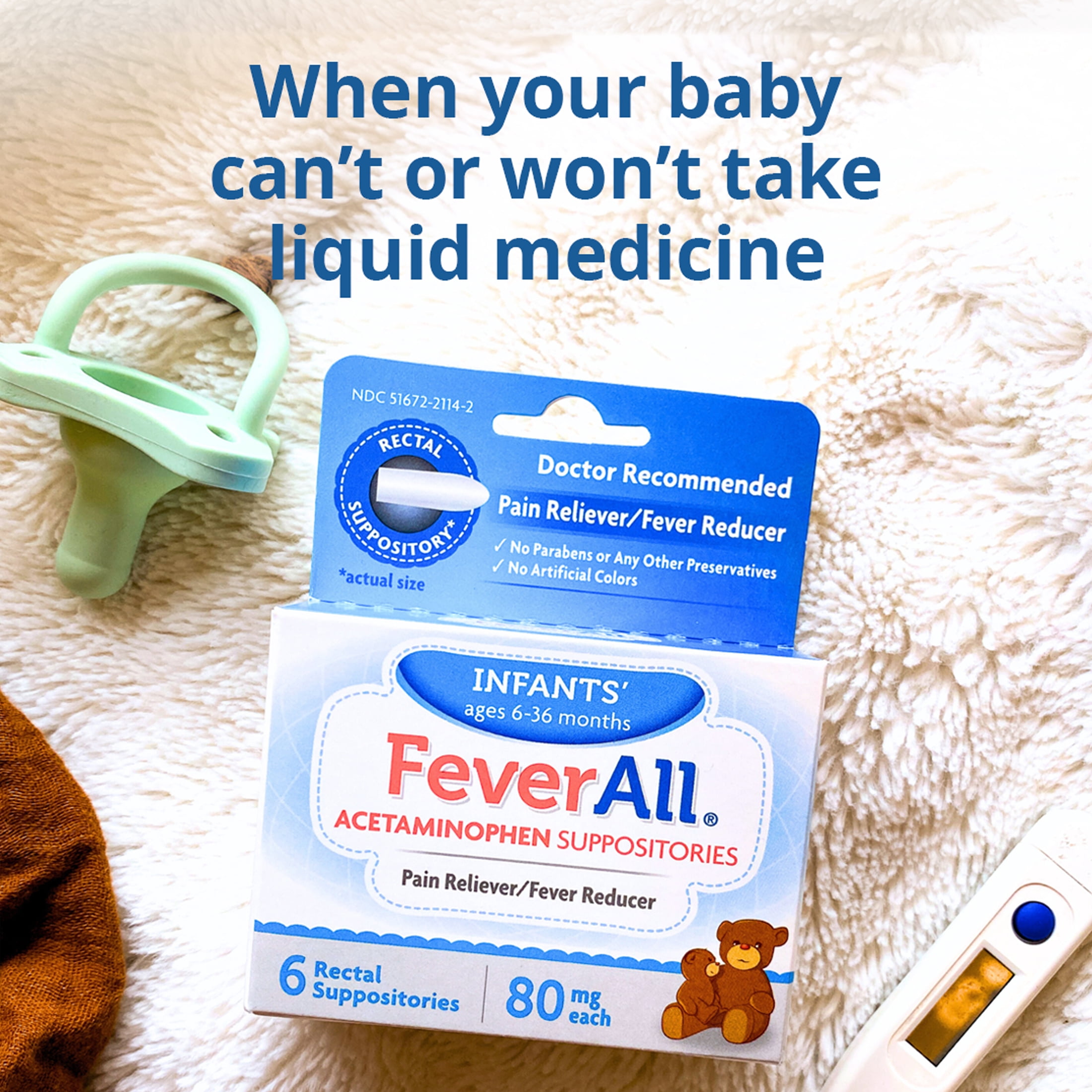 2 pack) Feverall Infant Acetaminophen Suppositories Pain Reliever