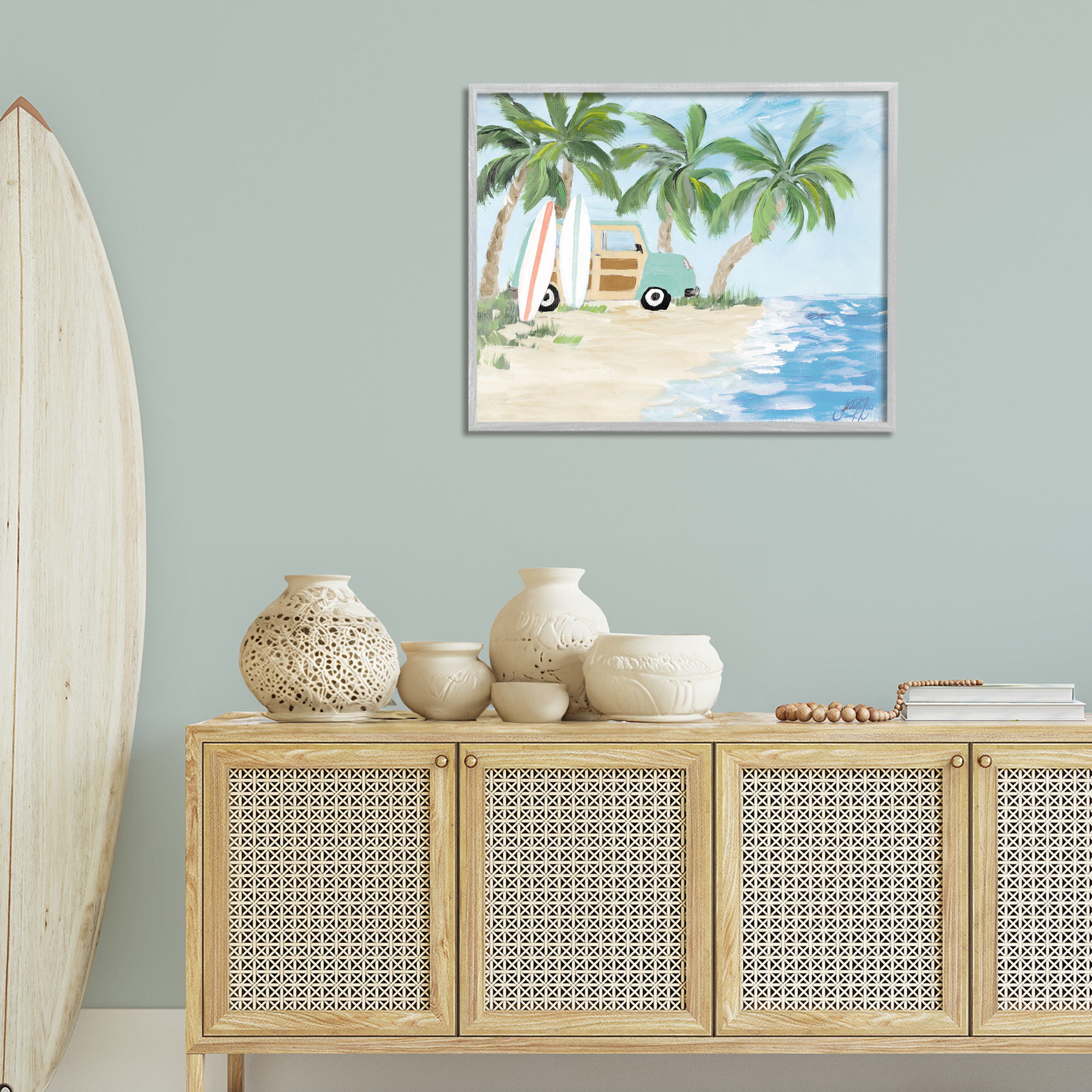 Stupell Industries Tropical Vacation Surfboards Landscape Painting Gray Framed Art Print Wall Art, 30 x 24