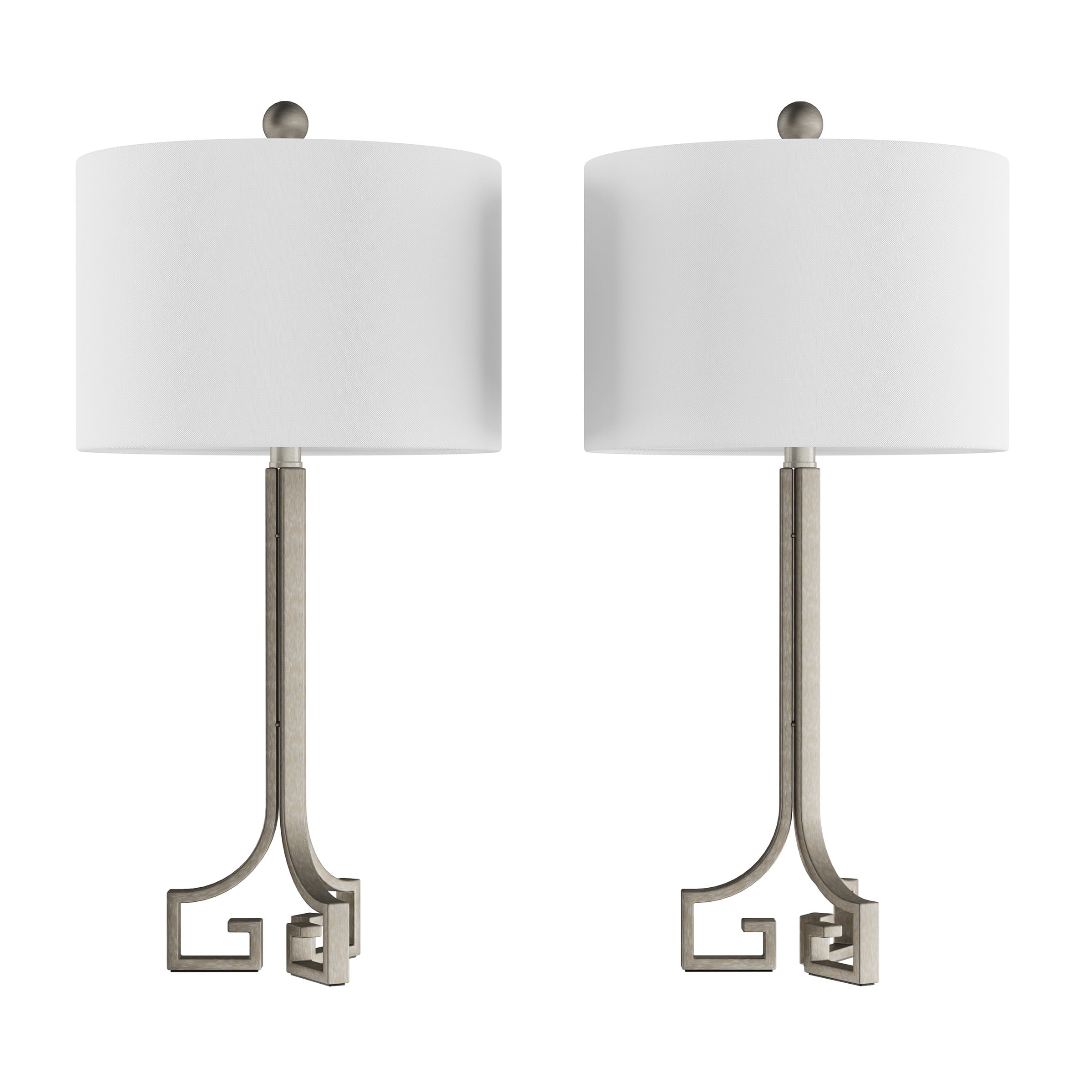 Lavish Home Greek Key Table Lamps - Set of 2 Modern Lights - Antique Silver with Ivory Shades
