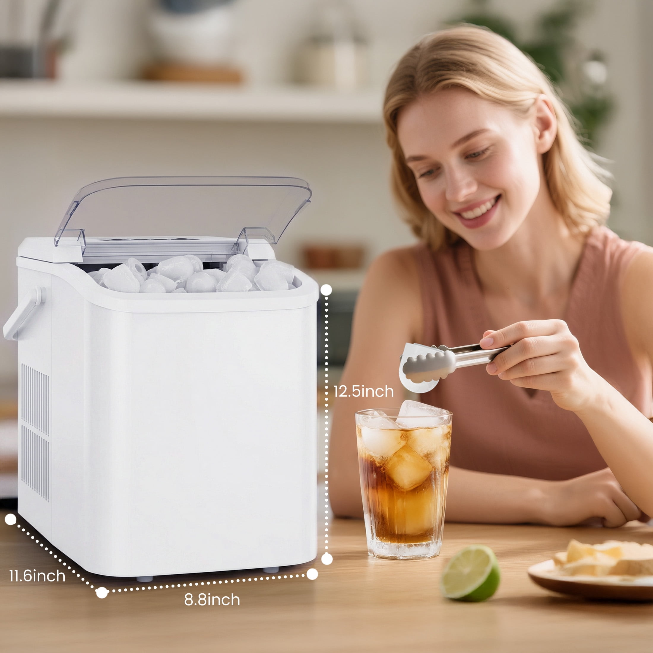 EDX Countertop Ice Maker, Self-Cleaning Portable Ice Maker Machine with Handle and Ice Scoop 9Pcs/6Min 26.5Lbs/24H White