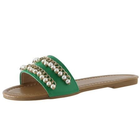OJSFQUFP Sandals for Women Ladies Summer Pearl Decoration Slip On Casual Open Toe Flat Soft Bottom Breathable Shoes Sandals Slippers Womens Slipper Green 42