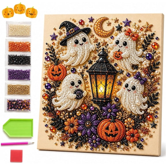 Halloween Ghost Pearl Art DIY Kit, 3D Diamond Painting Kit with Frame (#D) | Relaxing & Stress-Relieving Craft, Spooky-Cute Fall Home Decor for Adults, Beginner DIY Seasonal Party Gift