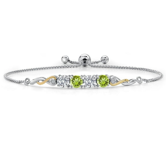 Gem Stone King 925 Silver and 10K Yellow Gold White Lab Grown Diamond and Green Peridot Bracelet for Women | 2.12 Cttw | Gemstone April Birthstone | Round 5MM | Fully Adjustable 9 inch