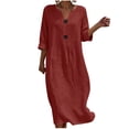 thumbnail image 2 of Hzzrkos Women Casual Vintage Loose Solid Color Three‑Quarter Sleeve V‑Neck Button‑Up Maxi Dress for Daily Vacation Beach Outdoor Occasions, 2 of 6
