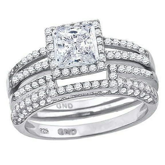 Sterling Silver Cubic Zirconia Halo Bridal Anniversary Engagement Wedding Trio Set Ring Size 6