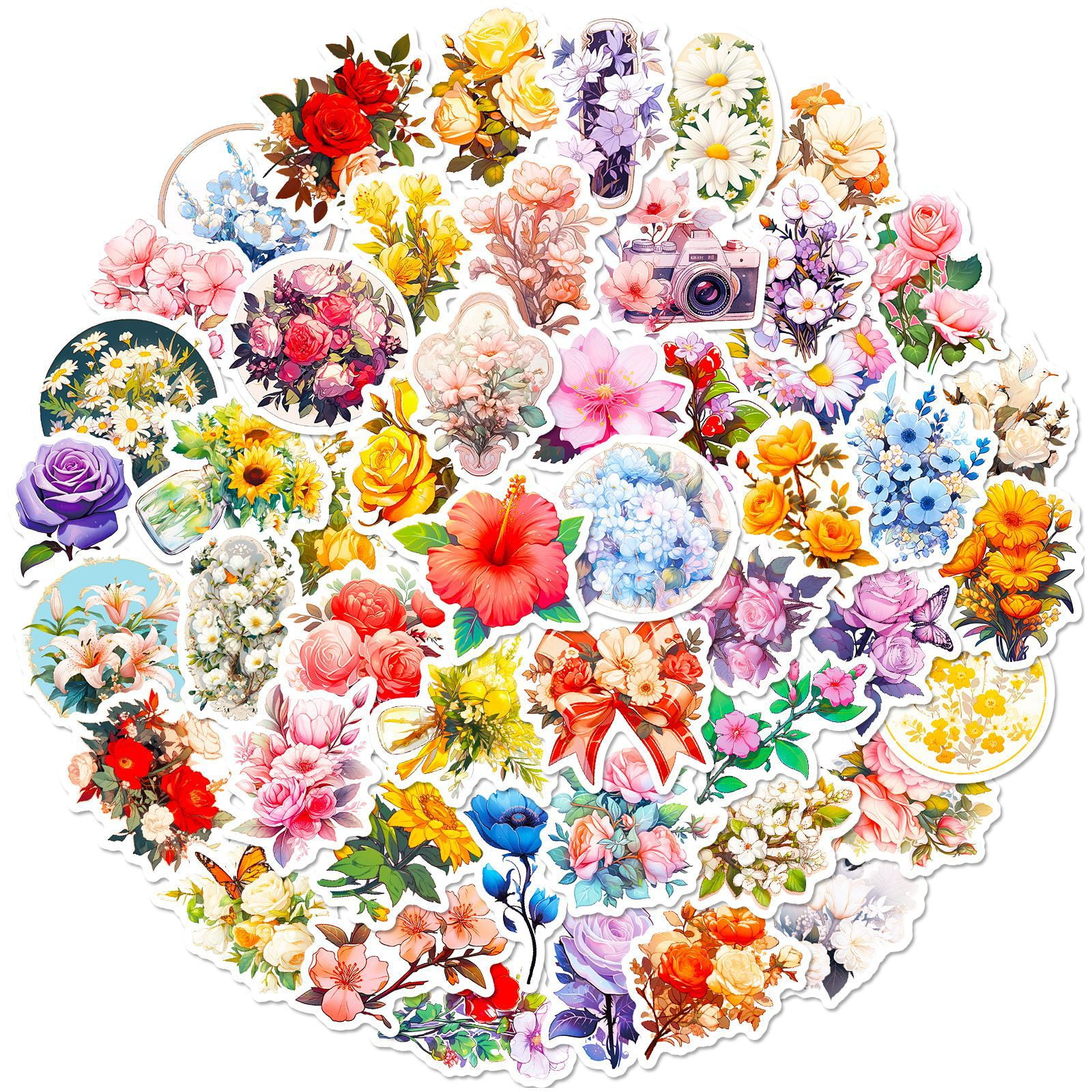 50-Pack Vintage Floral Stickers - Retro Flower Plant Doodles, Creative Journal Stickers for Scrapbook, DIY, and Decorating