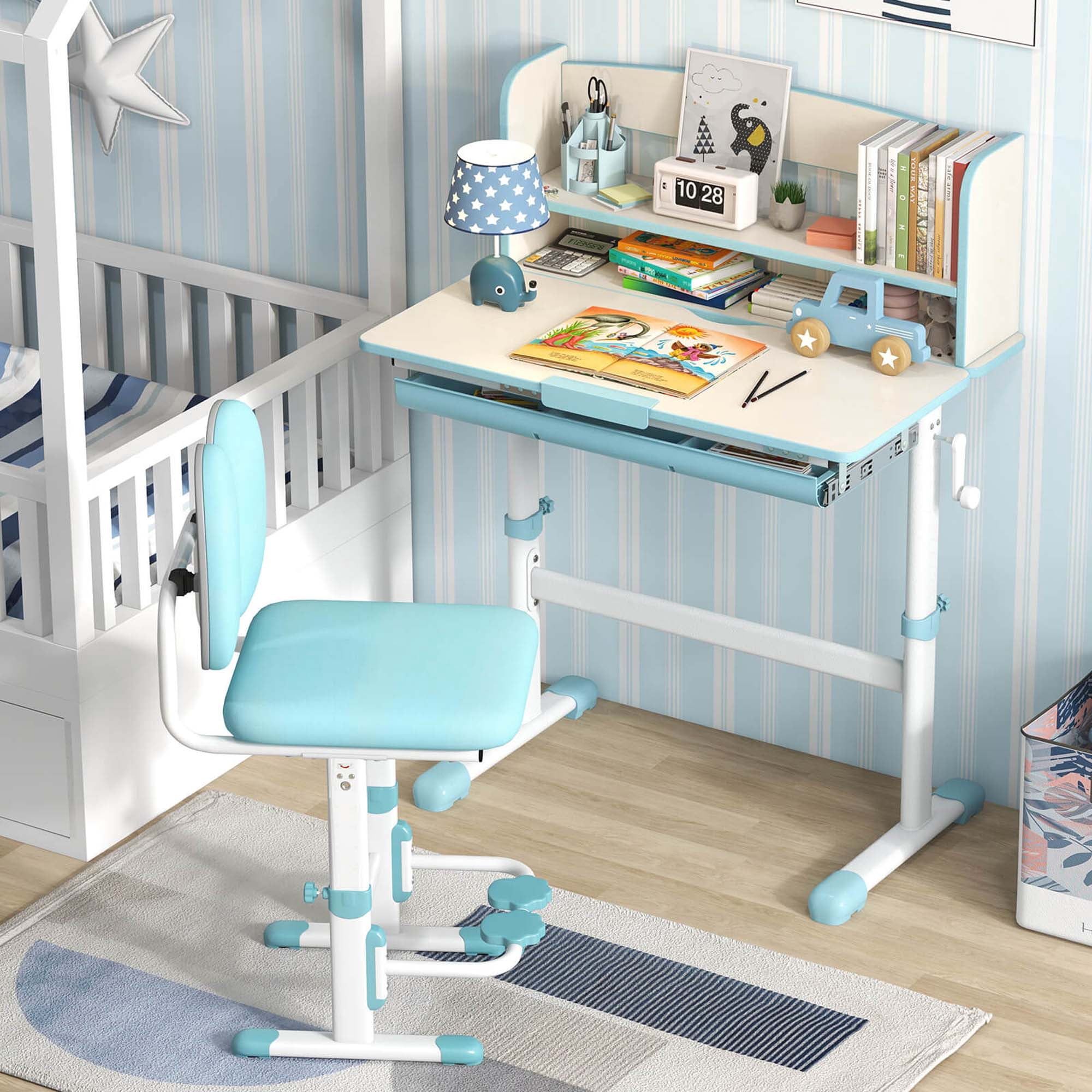 Costway Kids Study Desk with 7-Level Tiltable Desktop Adjustable Height Pull Out Drawer Blue
