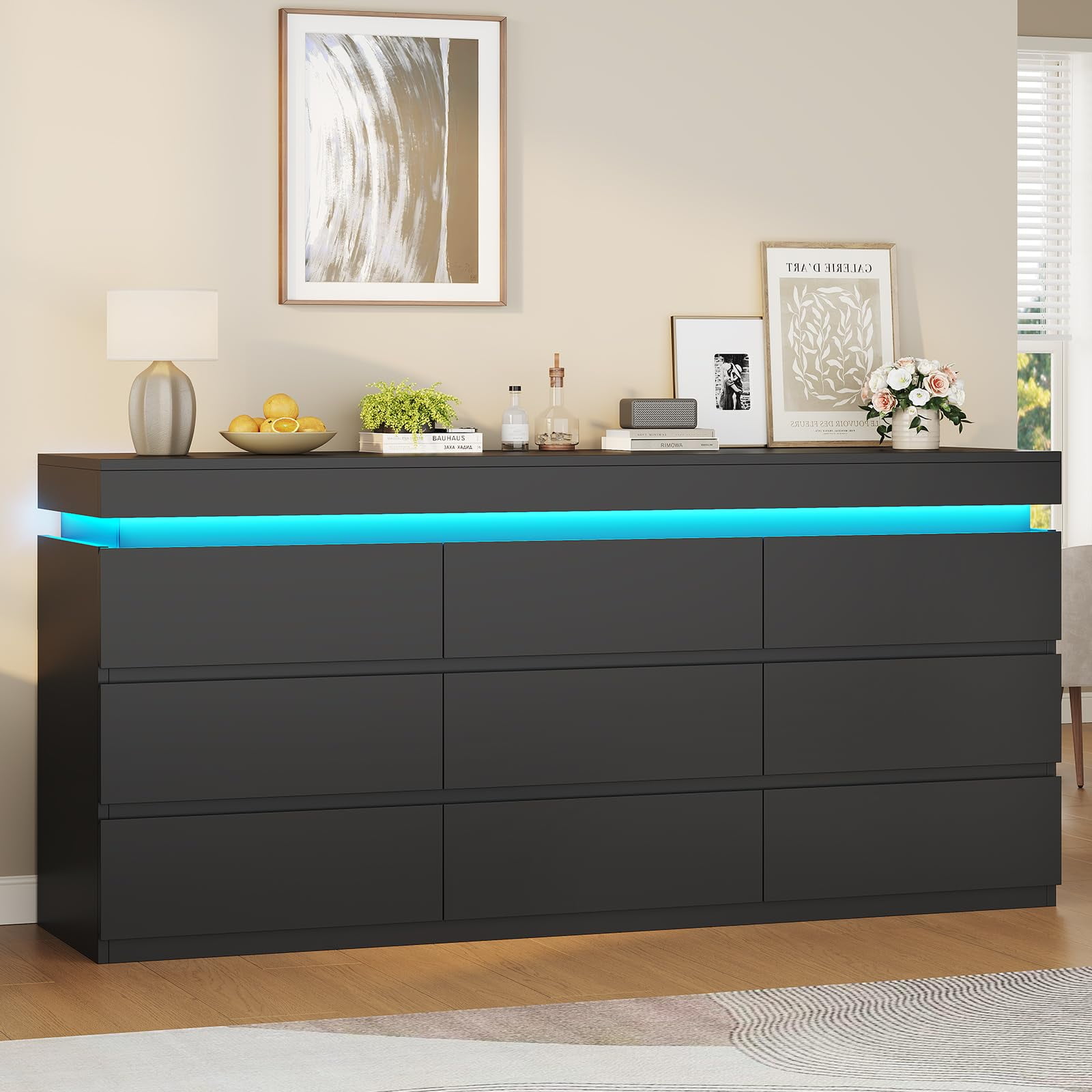 Afuhokles Wide Dresser TV Stand with 9 Drawers Dresser for Bedroom Chests of Drawers for Living Room, Black