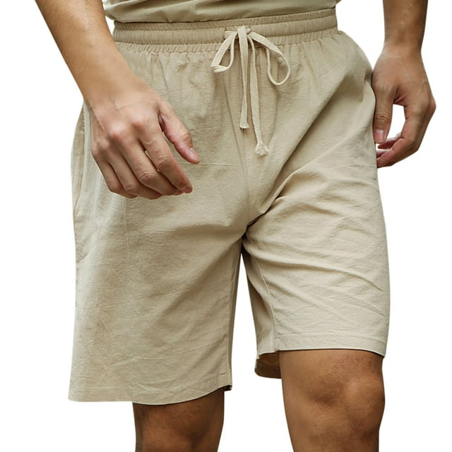 PEASKJP Men Shorts Cotton Elastic Waist Drawstring Textured Summer Beach Short,Khaki XXXXL