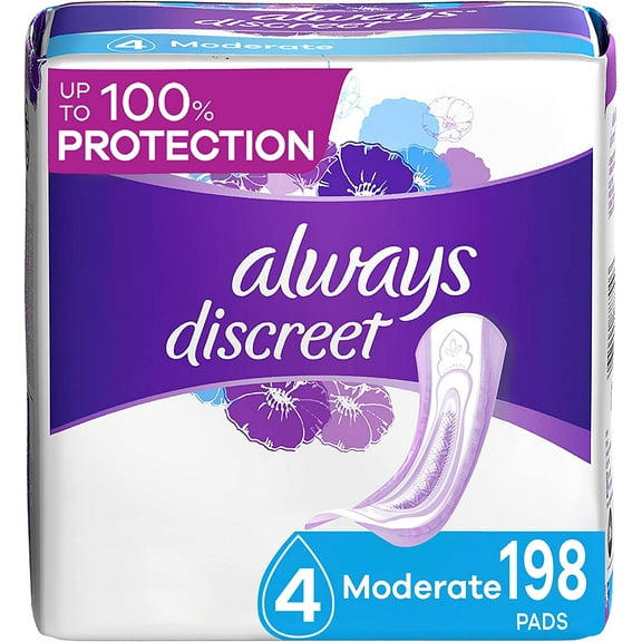 Always Discreet, Incontinence & Postpartum Pads For Women, Size 4, Moderate Absorbency, Regular Length, 66 Count X 3 Packs (198 Count Total)