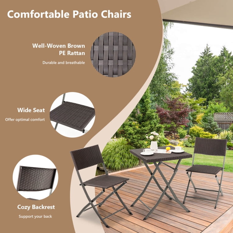 Aimee Lii 3 Pieces Patio Bistro Set with Folding Wicker Chairs and Table, Outdoor Patio Furniture, Brown