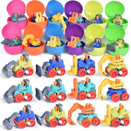 Fun Little Toys 12 PCs Wind up Toys Filled Easter Eggs with Assorted Construction Toys  Toy Car Easter Basket Stuffers for Kids Party Favors