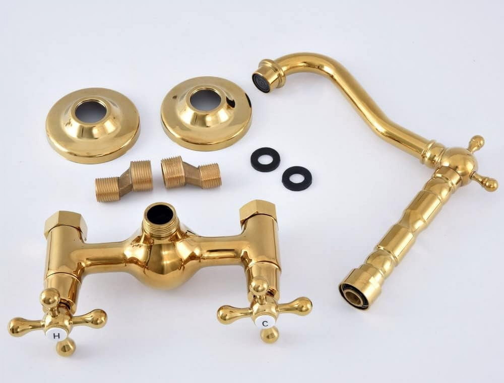Bathroom Sink Faucet, Kitchen Faucets Gold Polished Brass Wall Mounted Kitchen Bathroom Sink Faucet Dual Handle Swivel Spout Hot Cold Water Tap