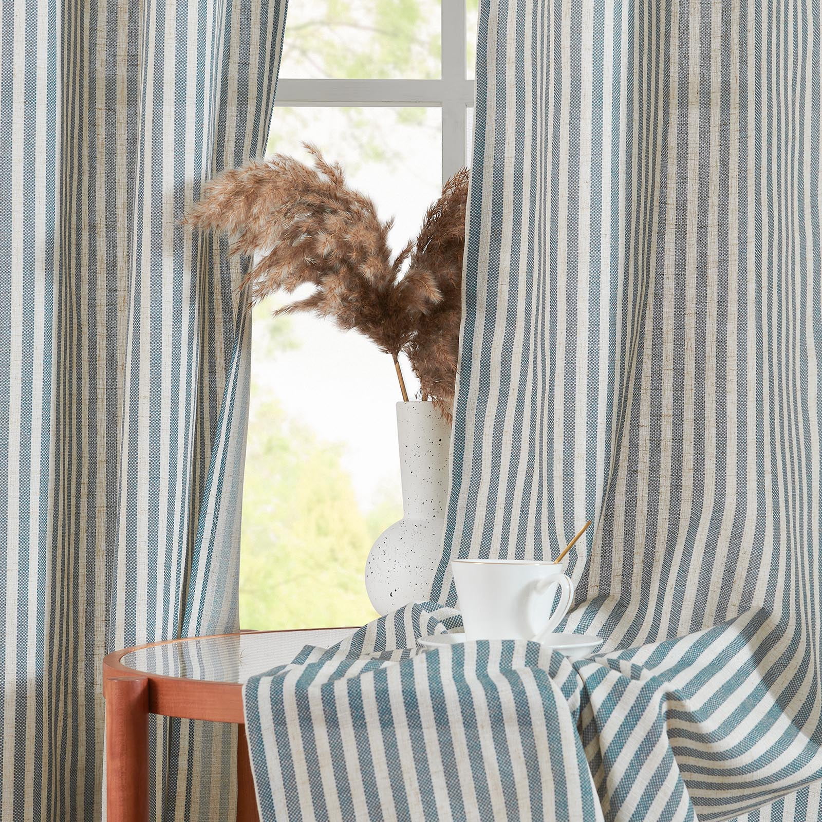 Curtainking Linen Striped Curtains 84 inch Farmhouse Light Filtering Drapes for Living Room Bedroom Grommet Top 2 Panels Blue