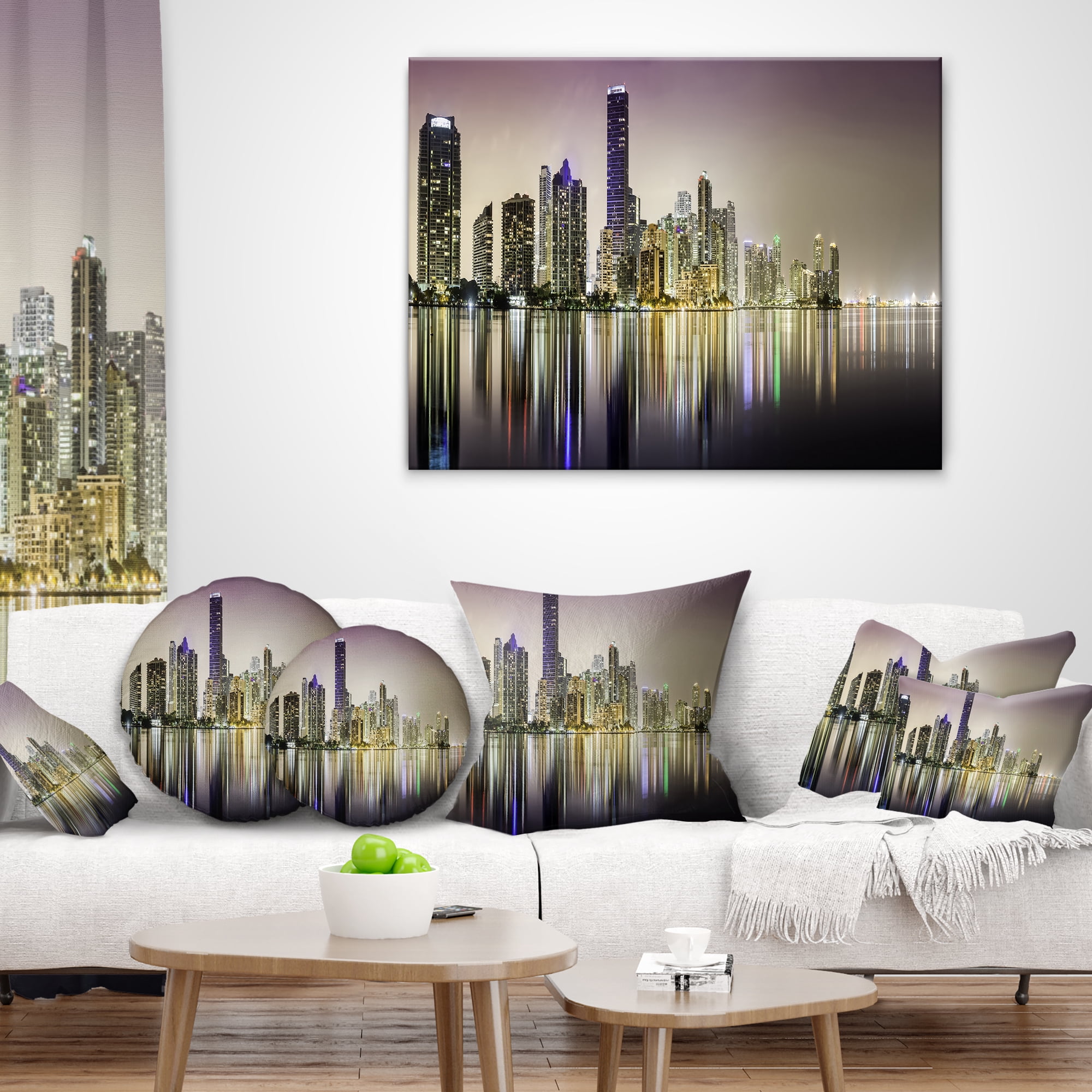 Designart Miami Downtown Night Panorama - Throw Pillow - 12x20
