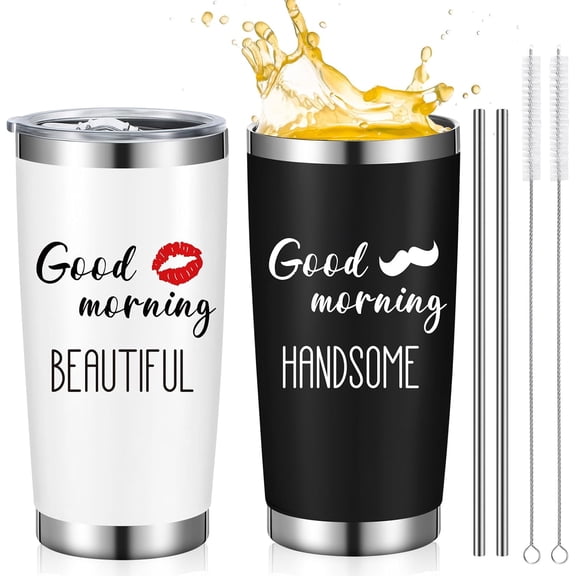 2 Pcs Good Morning Beautiful Handsome Stainless Steel Tumblers 20 oz Vacuum Insulated Coffee Cup with Lid Travel Wedding Engagement Funny Gift for Valentine's Day Gifts